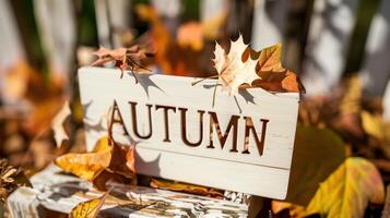 Autumn Sign Decorated with Colorful Fall Leaves in Rustic Setting photo