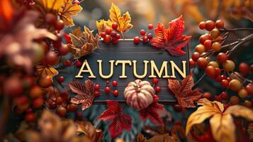 Autumn Greeting Card with Colorful Leaves, Berries, and Pumpkin photo