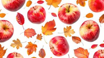 Autumn Background with Red Apples and Colorful Leaves on White Background photo