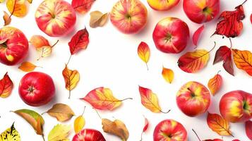 Autumn Background with Red Apples and Colorful Leaves on White Surface photo