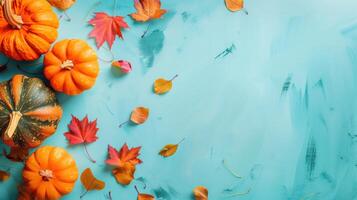 Autumn Thanksgiving Background with Pumpkins and Fall Leaves on Teal Wood photo