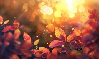 Beautiful Autumn Leaves with Sun Rising and Bokeh Background photo