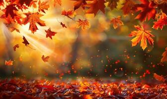 Autumn Leaves Falling with Sunlight Streaming Through Trees in a Vibrant Forest photo
