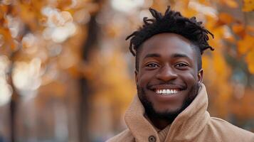 Portrait of a Smiling Young African American Man in Autumn Park photo