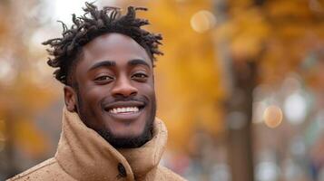 Smiling Young Man Outdoors in Autumn Wearing a Tan Coat photo