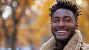 Smiling Young African American Man Outdoors on a Sunny Autumn Day photo