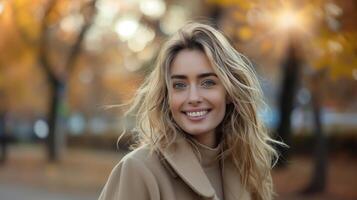 Beautiful 25-Year-Old Blonde Woman Smiling in a Fall Park Setting photo