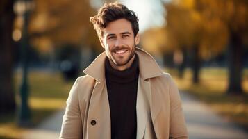 Smiling Young Man in Autumn Coat Enjoying Outdoor Park Stroll photo