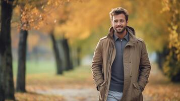Handsome Young Man Smiling While Walking in a Beautiful Autumn Park photo