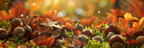 Beautiful Autumn Background with Vibrant Fall Foliage and Scattered Acorns photo