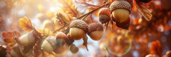 Beautiful Autumn Background with Acorns and Sunlit Bokeh Effect photo