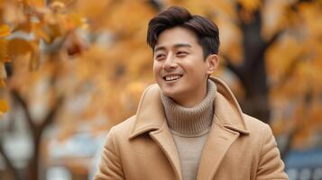 Handsome Young Asian Man Smiling Outdoors in Autumn Wearing a Cozy Beige Coat photo