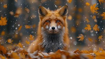 Beautiful Red Fox Portrait in Autumn With Falling Leaves and Snowflakes photo