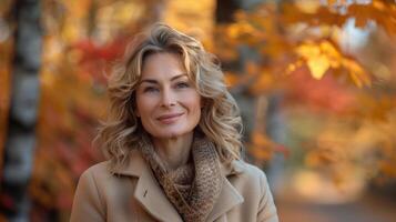 Beautiful Smiling Middle-Aged Woman in Autumn Park Wearing Beige Coat photo