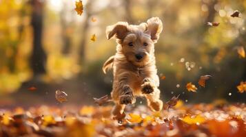 Adorable Fluffy Puppy Playing in Autumn Leaves Warm Heartwarming Fall Scene photo