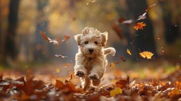 Adorable Fluffy Puppy Running Through Autumn Leaves in a Forest photo