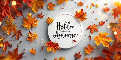 Hello Autumn Greeting with Colorful Autumn Leaves and Sparkling Lights photo