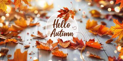 Hello Autumn Text Surrounded By Colorful Fall Leaves On Wooden Surface photo