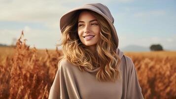 Woman in Cozy Fall Fleece Clothing Smiling in Autumn Field photo