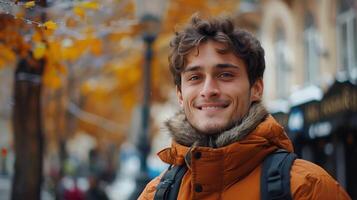 Young Man Smiling Outdoors in Autumn, Dressed in Warm Clothing in Hungary photo