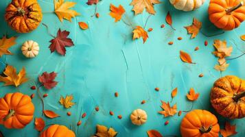 Autumn Thanksgiving Background with Pumpkins and Colorful Leaves on a Turquoise Surface photo