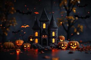 Spooky Halloween Scene with Haunted House, Jack-O'-Lanterns, and Bats at Night photo