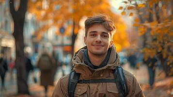 Young Man Smiling Outdoors in Autumn City Street On a Bright Day photo