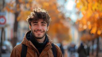 Smiling Young Man in Autumn Urban Setting with Vibrant Foliage photo