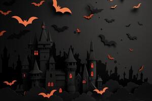 Spooky Halloween Castle with Flying Bats in Dark Night Sky photo