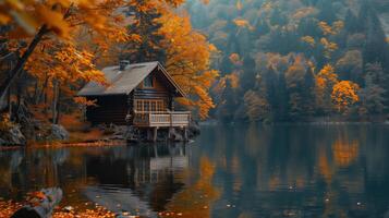 Scenic Autumn Landscape of a Wooden Cabin by a Tranquil Lake with Vibrant Foliage photo