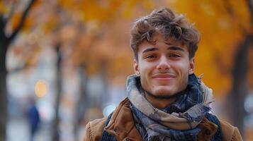 Portrait of a Smiling Young Man in Autumn Park with Colorful Foliage photo