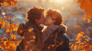 Romantic Gay Couple Kissing in Autumn Sunset Amidst Colorful Leaves photo
