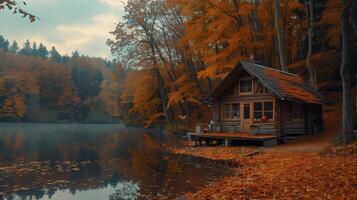 Cozy Wooden Cabin by a Tranquil Lake in an Autumn Forest photo