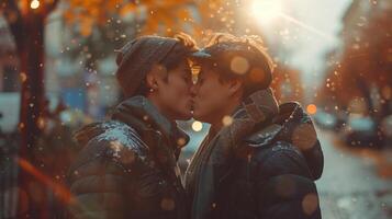 Beautiful Photo of a Gay Couple Kissing in Winter with Snow and Warm Sunlight