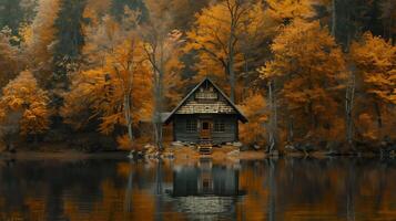 Charming Wooden Cabin By Autumn Lake Surrounded By Colorful Trees photo
