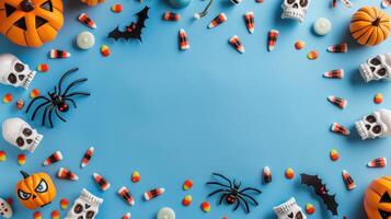 Halloween Decoration Frame with Pumpkins, Skulls, Spiders, and Candy Corn on Blue Background photo