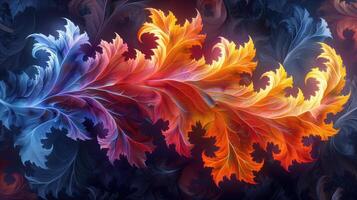 Vibrant Fractal Leaf Fanning Out Over a Dark Background in Warm and Cool Colors photo