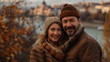 Happy Couple in Warm Clothing Enjoying Autumn Day in Hungary photo