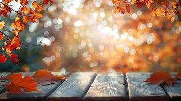 Autumn Scene with Colorful Leaves and Wooden Table for Seasonal and Festive Backgrounds photo
