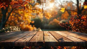 Wooden Table with Blurred Autumn Background Featuring Vibrant Fall Foliage photo