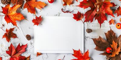 Autumn Mockup with Blank Card, Colorful Fall Leaves, and Pinecones photo