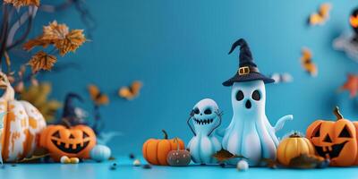 Halloween Decorations With Blue Background Featuring Pumpkins and Ghosts photo