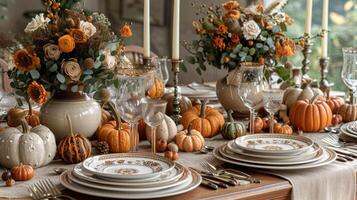 Elegant Thanksgiving Dinner Table Setting with Pumpkins and Floral Arrangements photo