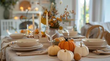 Festive Thanksgiving Dinner Table Setting with Pumpkins and Candles photo