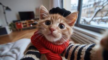 Cute Cat Taking Selfie in Cozy Home with Red Scarf and Black Hat photo