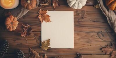 Autumn Blank Card Mockup with Fall Leaves and Pumpkins on Wooden Table photo