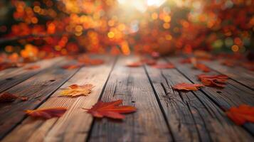 Wooden Table with Autumn Leaves and Blurred Thanksgiving Background photo