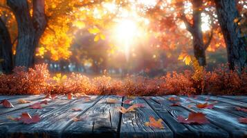 Empty Wooden Table With Autumn Landscape Banner and Sunlight Through Trees photo