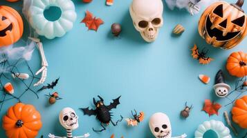 Halloween Decorations with Pumpkins, Skulls, and Spooky Elements on Blue Background photo