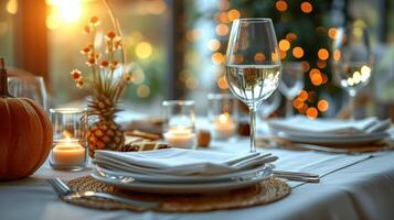 Elegant Dining Table Set for Festive Celebration with Warm Candlelight and Autumn Decor photo